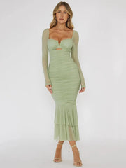 Square Collar Mesh Midi Dress