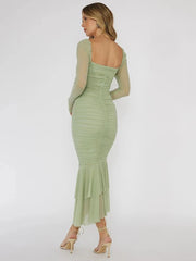 Square Collar Mesh Midi Dress