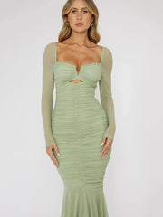 Square Collar Mesh Midi Dress