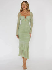 Square Collar Mesh Midi Dress