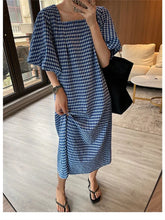 Square Neck Plaid Puff Sleeve Loose Casual Dress