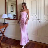 Strapless Pink Satin Maxi Dress