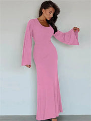 String Ribbed Long Sleeve Maxi Dress