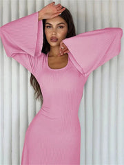 String Ribbed Long Sleeve Maxi Dress