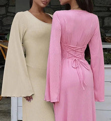 String Ribbed Long Sleeve Maxi Dress