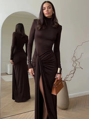 Turtleneck Thigh-Split Bodycon Dress