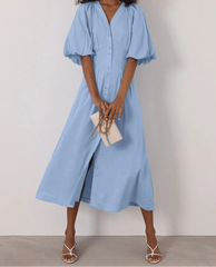V-Neck Puff Sleeve Midi Dress