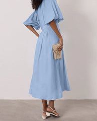 V-Neck Puff Sleeve Midi Dress