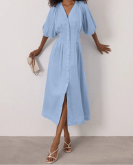 V-Neck Puff Sleeve Midi Dress