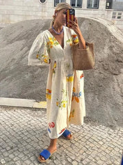 V-Neck Puff Sleeve Printed Midi Dress