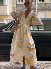 V-Neck Puff Sleeve Printed Midi Dress