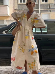 V-Neck Puff Sleeve Printed Midi Dress