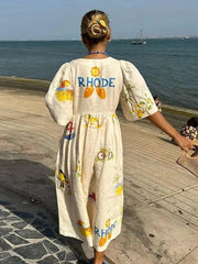 V-Neck Puff Sleeve Printed Midi Dress