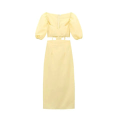 Vintage Yellow Hollow Waist Dress
