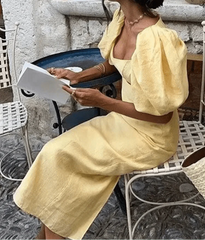 Vintage Yellow Hollow Waist Dress