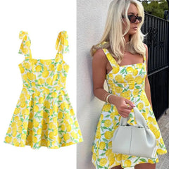 Yellow Fruit Print Backless Mini Dress