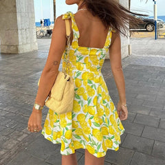 Yellow Fruit Print Backless Mini Dress