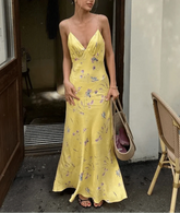 Yellow Print Spaghetti Strap Elegan Dress
