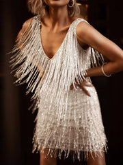 V-Neck Sleeveless Fringed Mini Dresses