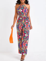Sleeveless Halter Bandage Printed Jumpsuit