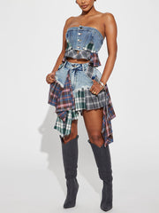 Denim Patchwork Plaid Shorts