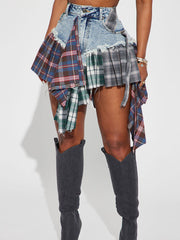 Denim Patchwork Plaid Shorts