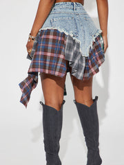 Denim Patchwork Plaid Shorts