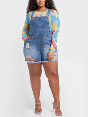 Ripped Raw Hem Denim Overall Romper
