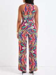 Sleeveless Halter Bandage Printed Jumpsuit