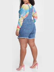 Ripped Raw Hem Denim Overall Romper
