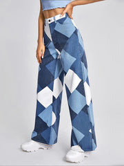 Color Block Argyle Print Wide Leg Jeans