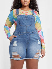 Ripped Raw Hem Denim Overall Romper