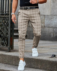 Men Casual Grid Skinny Long Pants