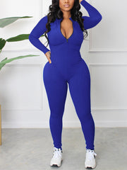 Ribbed Knit V-neck Solid Zipper Jumpsuit
