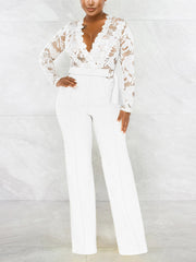 Lace V Neck Belt Jumpsuits
