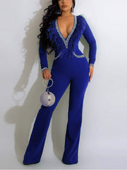 Rhinestones V Neck Jumpsuits