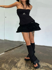 Rhinestone Letter Black Halter Tube Top