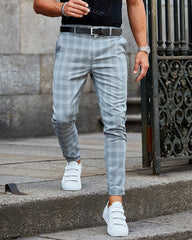 Men Casual Grid Skinny Long Pants