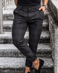 Men Casual Grid Skinny Long Pants