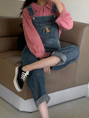 Embroidered Pocket Denim Overall Jeans