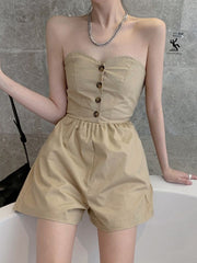 Shirred Back Button Strapless Romper
