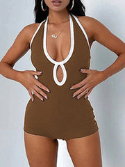 Sleeveless Cutout Halter Ribbed Romper