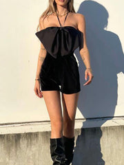 Bow Embellish Black Halter Romper