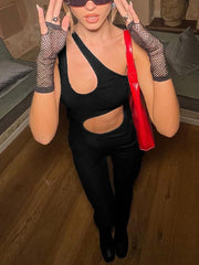 Black Cutout One Shoulder Bodycon Jumpsuit