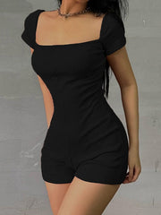 Short Sleeve Black Ribbed Romper