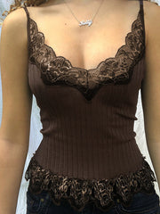 Lace Paneled Rib Crop Cami Top