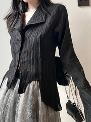 Irregular Striped Long Sleeve Button Down Blouse