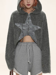 Star Jacquard Zip Up Hooded Knit Cardigan