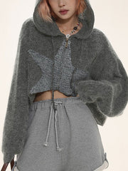 Star Jacquard Zip Up Hooded Knit Cardigan