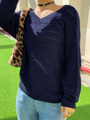 V Neck Pullover Open Knit Sweater